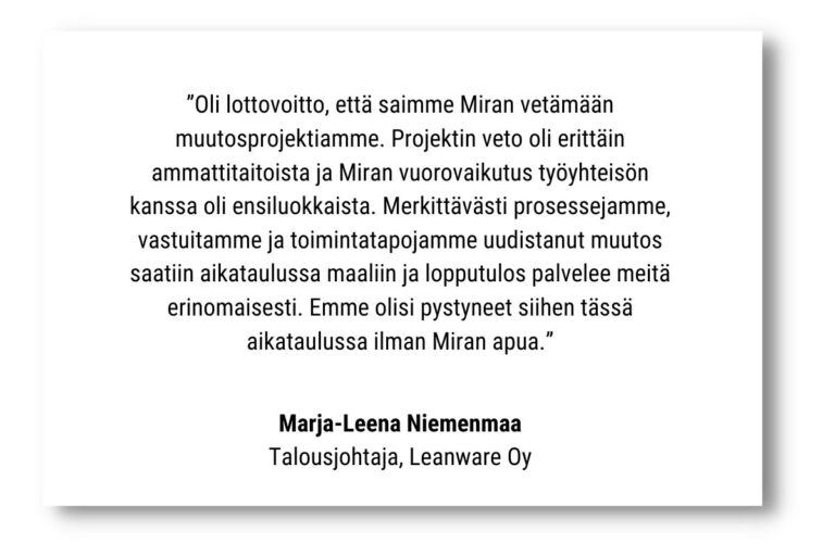 Referenssi: Marja-Leena Niemenmaa, Leanware Oy